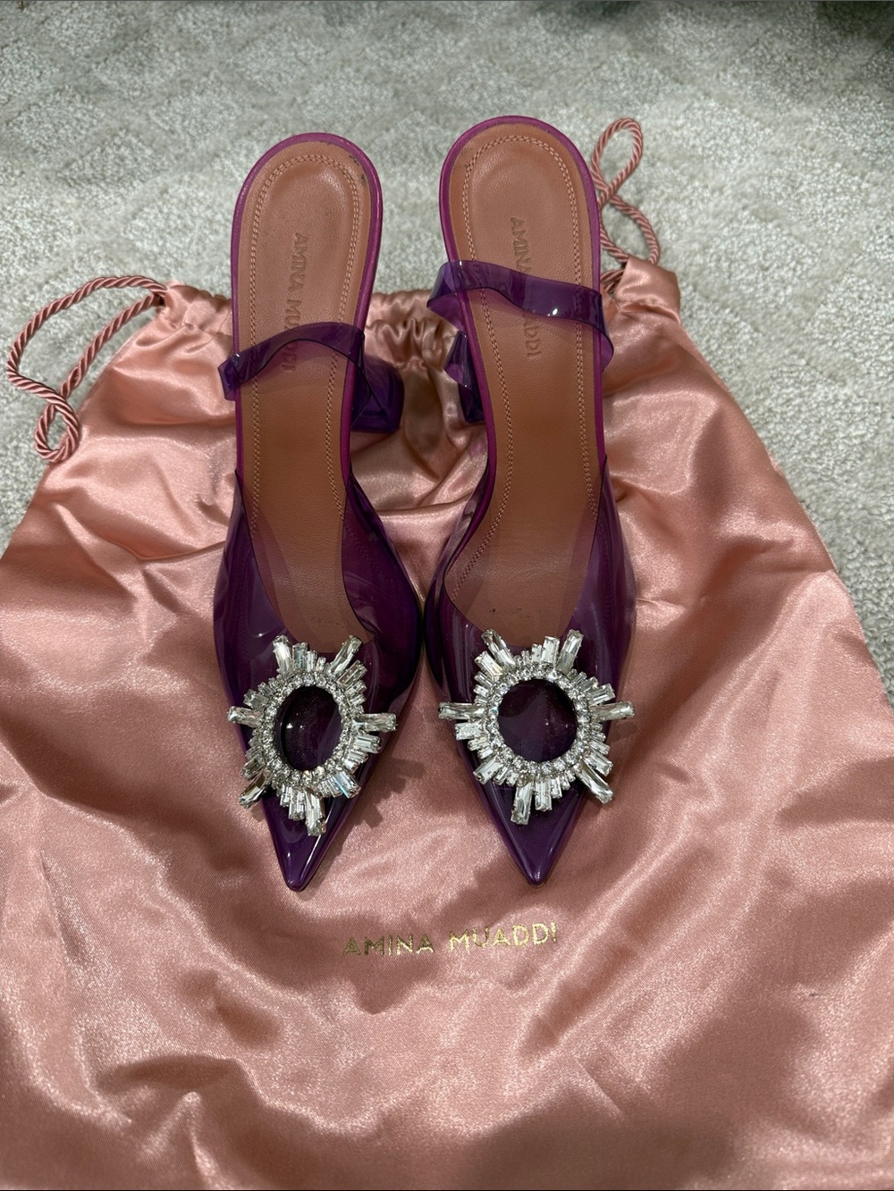 Amina Muaddi Purple Crystal Sunburst Pointed Slingback Mules